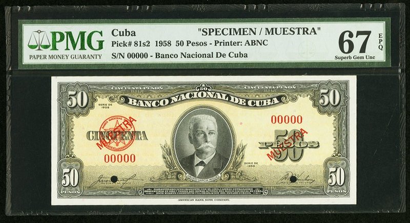 Cuba Banco Nacional de Cuba 50 Pesos 1958 Pick 81s2 Specimen PMG Superb Gem Unc ...