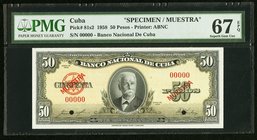Cuba Banco Nacional de Cuba 50 Pesos 1958 Pick 81s2 Specimen PMG Superb Gem Unc 67 EPQ. Two POCs.

HID09801242017