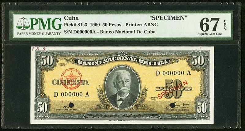 Cuba Banco Nacional de Cuba 50 Pesos 1960 Pick 81s3 Specimen PMG Superb Gem Unc ...
