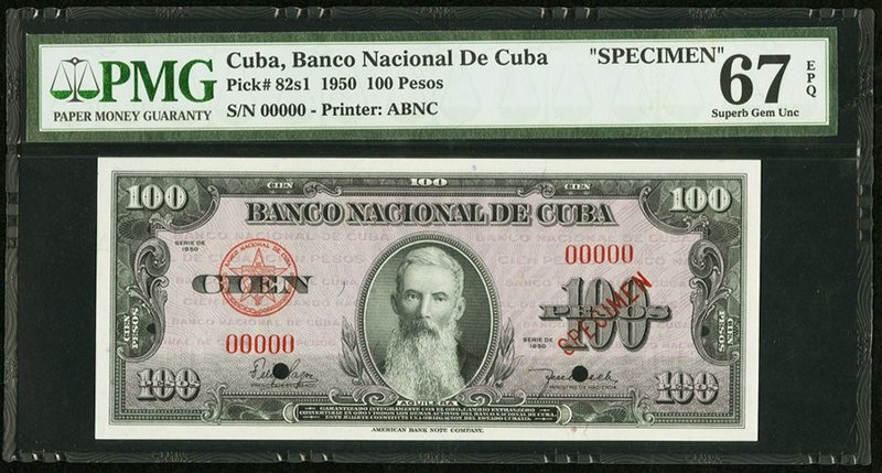 Cuba Banco Nacional de Cuba 100 Pesos 1950 Pick 82s1 Specimen PMG Superb Gem Unc...
