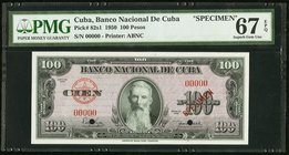 Cuba Banco Nacional de Cuba 100 Pesos 1950 Pick 82s1 Specimen PMG Superb Gem Unc 67 EPQ. Two POCs.

HID09801242017