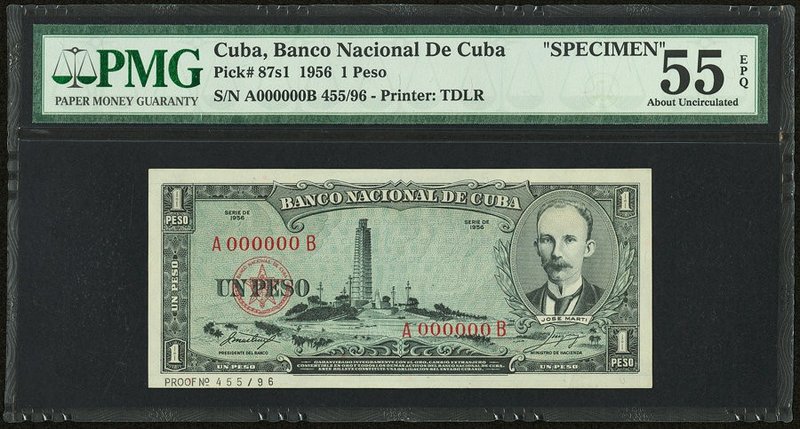 Cuba Banco Nacional de Cuba 1 Peso 1956 Pick 87s1 Specimen PMG About Uncirculate...