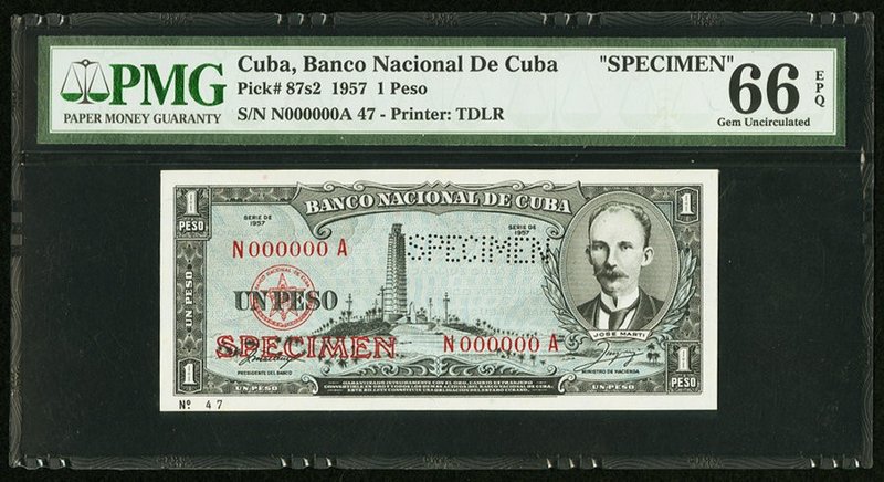 Cuba Banco Nacional de Cuba 1 peso 1957 Pick 87s2 Specimen PMG Gem Uncirculated ...