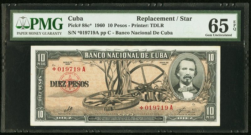 Cuba Banco Nacional de Cuba 10 Pesos 1960 Pick 88c* Replacement PMG Gem Uncircul...