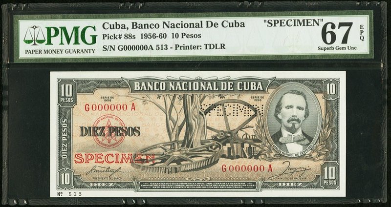 Cuba Banco Nacional de Cuba 10 Pesos 1958 pick 88s2 Specimen PMG Superb Gem Unc ...