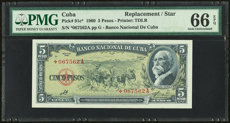 Cuba Banco Nacional de Cuba 5 Pesos 1960 Pick 91c* Replacement PMG Gem Uncircula...