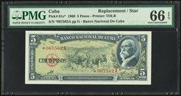 Cuba Banco Nacional de Cuba 5 Pesos 1960 Pick 91c* Replacement PMG Gem Uncirculated 66 EPQ. 

HID09801242017
