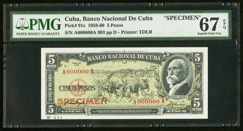 Cuba Banco Nacional de Cuba 5 Pesos 1958-60 Pick 91s Specimen PMG Superb Gem Unc...