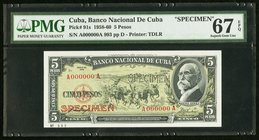 Cuba Banco Nacional de Cuba 5 Pesos 1958-60 Pick 91s Specimen PMG Superb Gem Unc 67 EPQ. Roulette Specimen.

HID09801242017