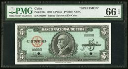 Cuba Banco Nacional de Cuba 5 Pesos 1960 Pick 92s Specimen PMG Gem Uncirculated 66 EPQ. Two POCs.

HID09801242017