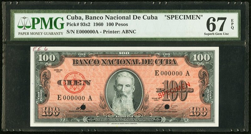 Cuba Banco Nacional de Cuba 100 Pesos 1960 Pick 93s2 Specimen PMG Superb Gem Unc...
