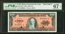 Cuba Banco Nacional de Cuba 100 Pesos 1960 Pick 93s2 Specimen PMG Superb Gem Unc 67 EPQ. Two POCs; printer's annotation..

HID09801242017