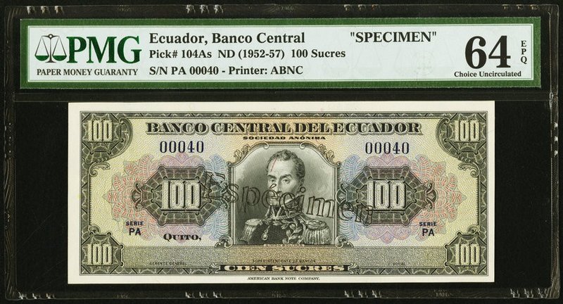 Ecuador Banco Central del Ecuador 100 Sucres ND (1952-57) Pick 104As Specimen PM...