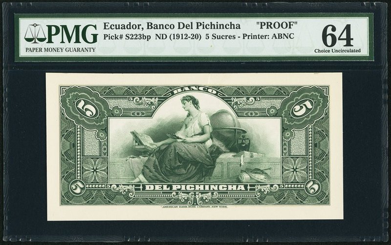 Ecuador Banco del Pichincha 5 Sucres ND (1912-20) Pick S223bp Back Proof PMG Cho...