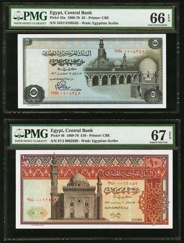 Egypt Central Bank of Egypt 5; 10 Pounds 1969-78 Pick 45a; 46 Two Examples PMG G...