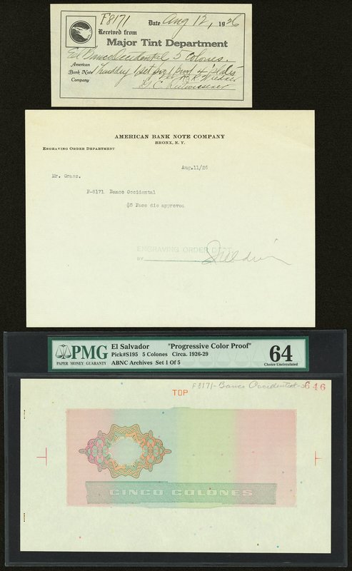 El Salvador Banco Occidental 5 Colones 1926-29 Pick S195 Progressive Color Proof...