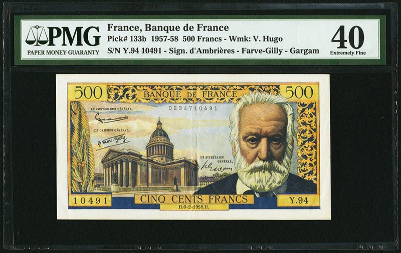 France Banque de France 500 Francs 6.2.1958 Pick 133b PMG Extremely Fine 40. Sta...