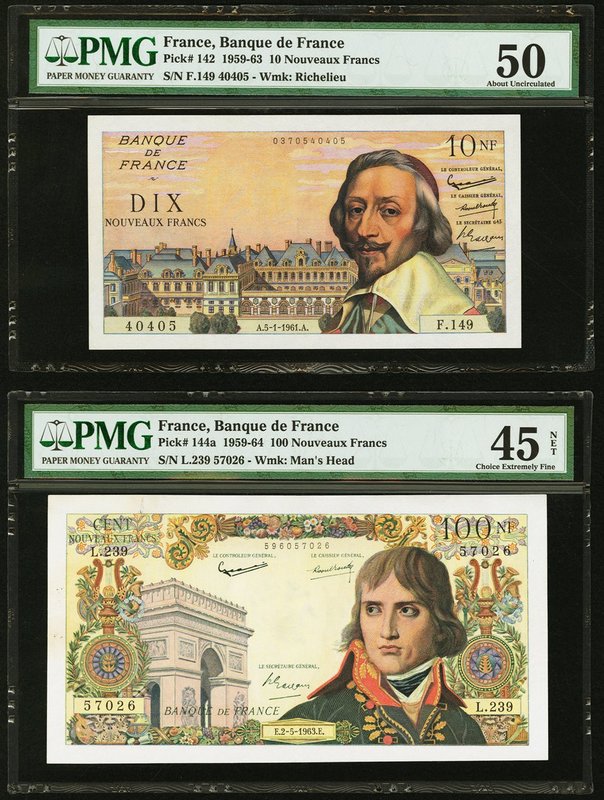 France Banque de France 10; 100 Nouveaux Francs 1959-1963; 1959-64 Pick 142; 144...