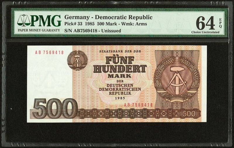 Germany Democratic Republic Staatsbank 500 Mark 1985 Pick 33 PMG Choice Uncircul...