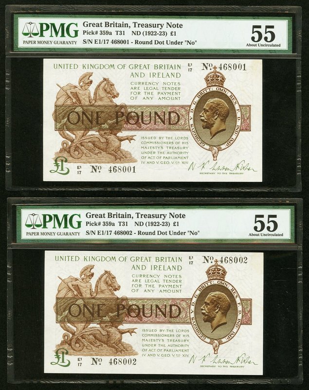 Great Britain Treasury Note 1 Pound ND (1922-23) Pick 359a Two Consecutive Examp...