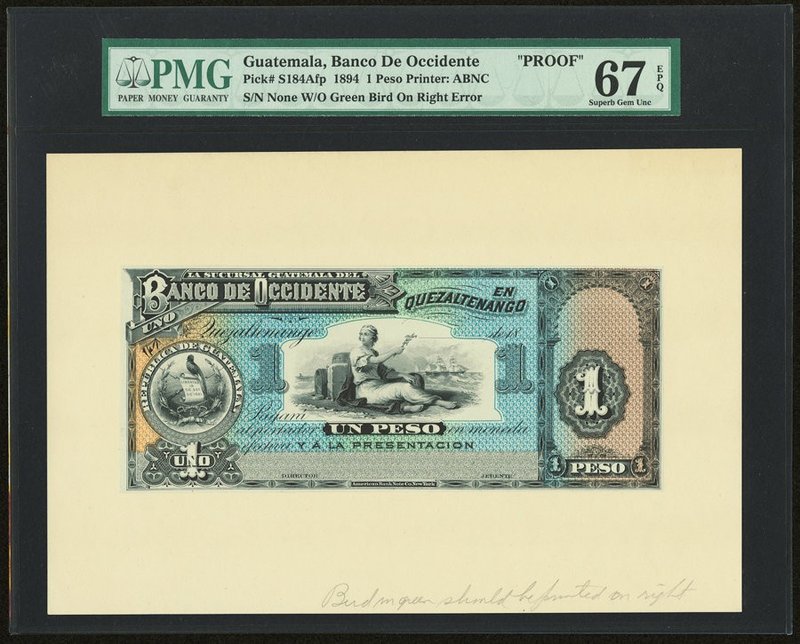 Guatemala Banco de Occidente 1 Peso 1894 Pick S184Afp Front Proof PMG Superb Gem...
