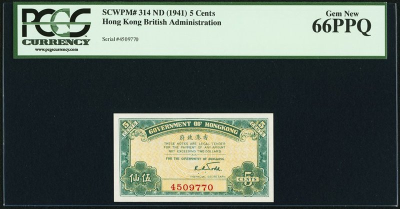 Hong Kong Government of Hong Kong 5 Cents ND (1941) Pick 314 KNB4 PCGS Gem New 6...