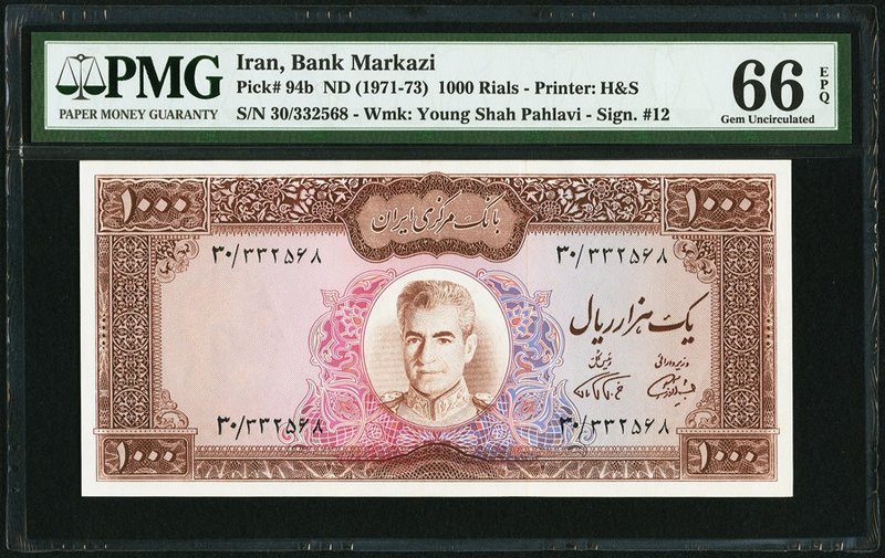 Iran Bank Markazi 1000 Rials ND (1971-73) Pick 94b PMG Gem Uncirculated 66 EPQ. ...