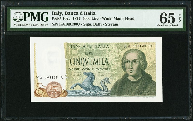 Italy Banca d'Italia 5000 Lire 1977 Pick 102c PMG Gem Uncirculated 65 EPQ. 

HID...