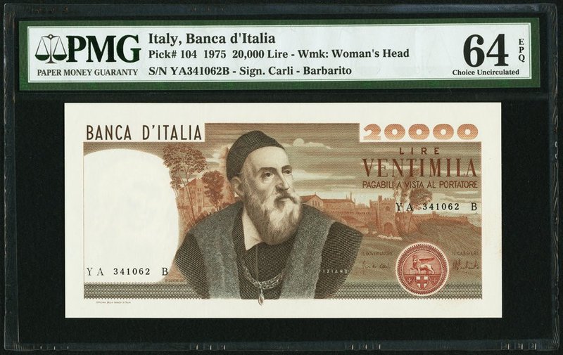 Italy Banca d'Italia 20,000 Lire 1975 Pick 104 PMG Choice Uncirculated 64 EPQ. 
...