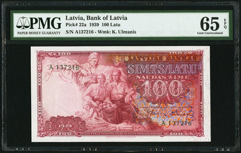 Latvia Bank of Latvia 100 Latu 1939 Pick 22a PMG Gem Uncirculated 65 EPQ. 

HID0...