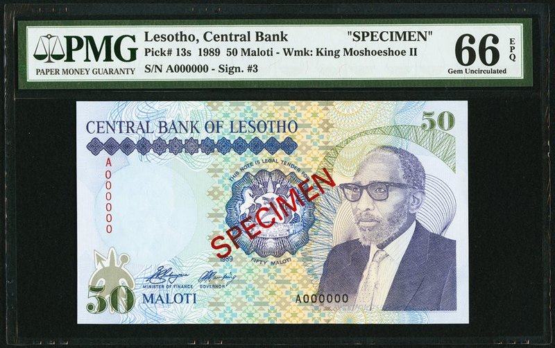 Lesotho Central Bank of Lesotho 50 Maloti 1989 Pick 13s Specimen PMG Gem Uncircu...