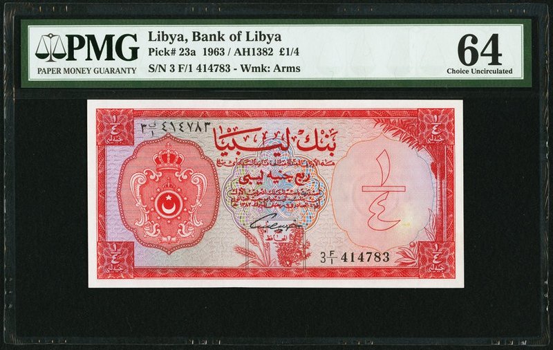 Libya Bank of Libya 1/4 Pound 1963 Pick 23a PMG Choice Uncirculated 64. Erasure....