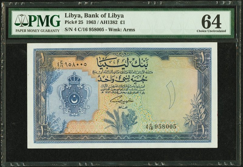 Libya Bank of Libya 1 Pound 1963 Pick 25 PMG Choice Uncirculated 64. 

HID098012...