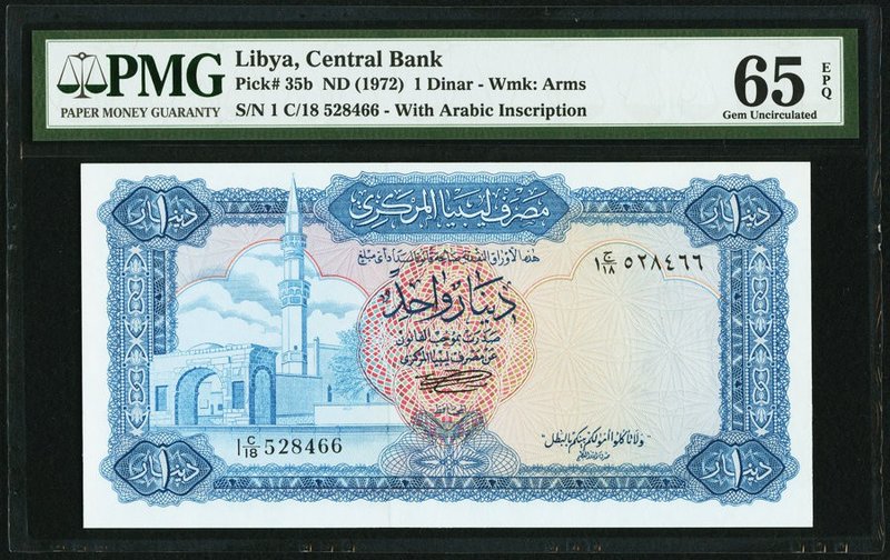Libya Central Bank of Libya 1 Dinar ND (1972) Pick 35b PMG Gem Uncirculated 65 E...