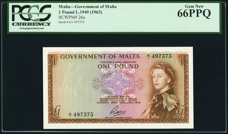 Malta Government of Malta 1 Pound 1949 (1963) Pick 26a PCGS Gem New 66PPQ. 

HID...