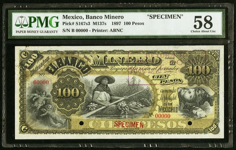 Mexico Banco Minero 100 Pesos 1897 Pick S167s3 M137s Specimen PMG Choice About U...