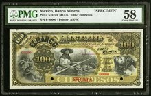 Mexico Banco Minero 100 Pesos 1897 Pick S167s3 M137s Specimen PMG Choice About Unc 58. Two POCs; printer's stamps; pinholes.

HID09801242017