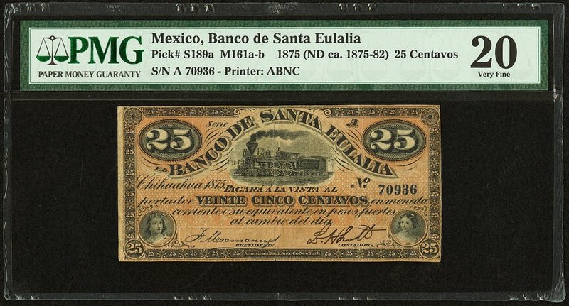 Mexico Banco de Santa Eulalia 25 Centavos 1875 (ND ca. 1875-82) Pick S189a M161 ...