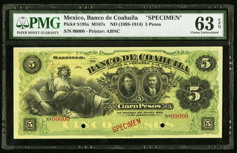 Mexico Banco De Coahuila 5 Pesos ND (1898-1914) Pick S195s M167s Specimen PMG Ch...