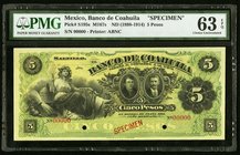 Mexico Banco De Coahuila 5 Pesos ND (1898-1914) Pick S195s M167s Specimen PMG Choice Uncirculated 63 EPQ. Two POCs.

HID09801242017
