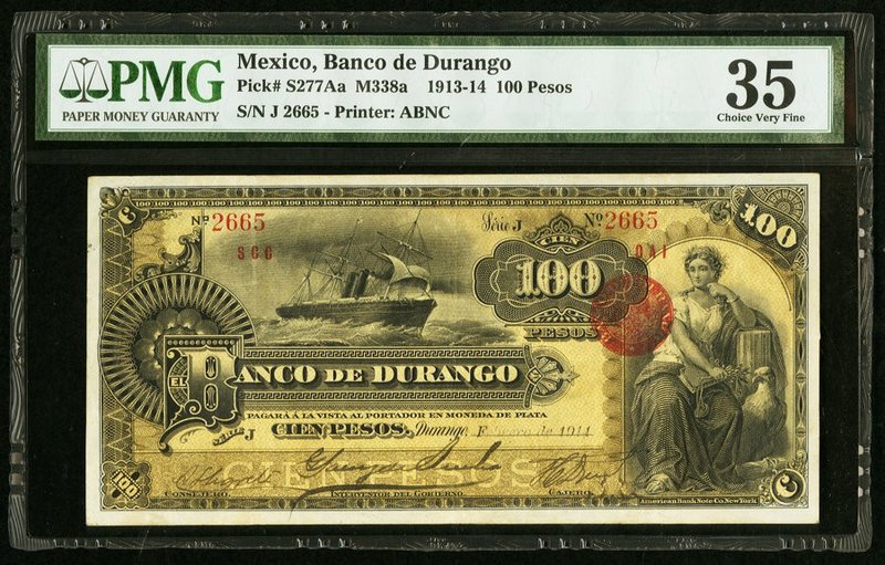 Mexico Banco de Durango 100 Pesos 2.1914 Pick S277Aa M338a PMG Choice Very Fine ...