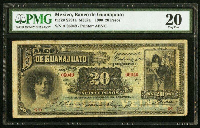Mexico Banco de Guanajuato 20 Pesos 15.10.1900 Pick S291a M352a PMG Very Fine 20...