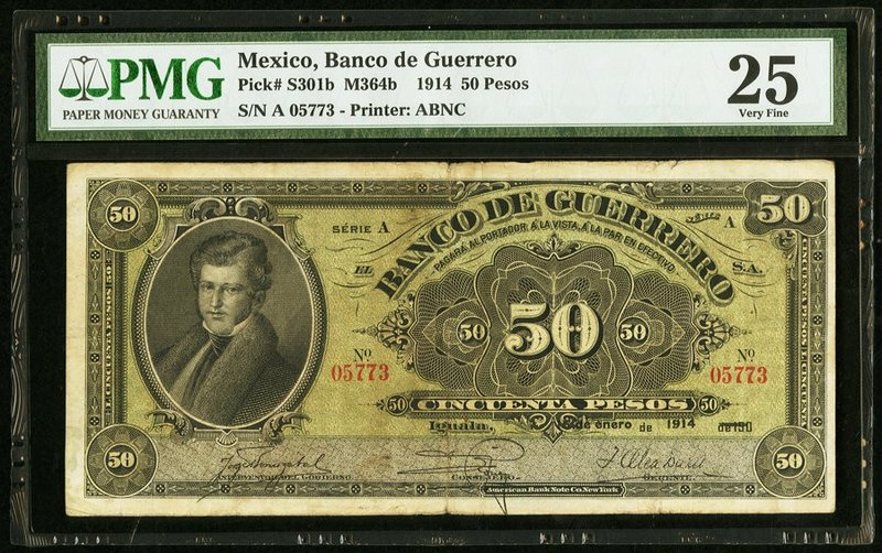 Mexico Banco de Guerrero 50 Pesos 15.1.1914 Pick S301b M364b PMG Very Fine 25. 
...