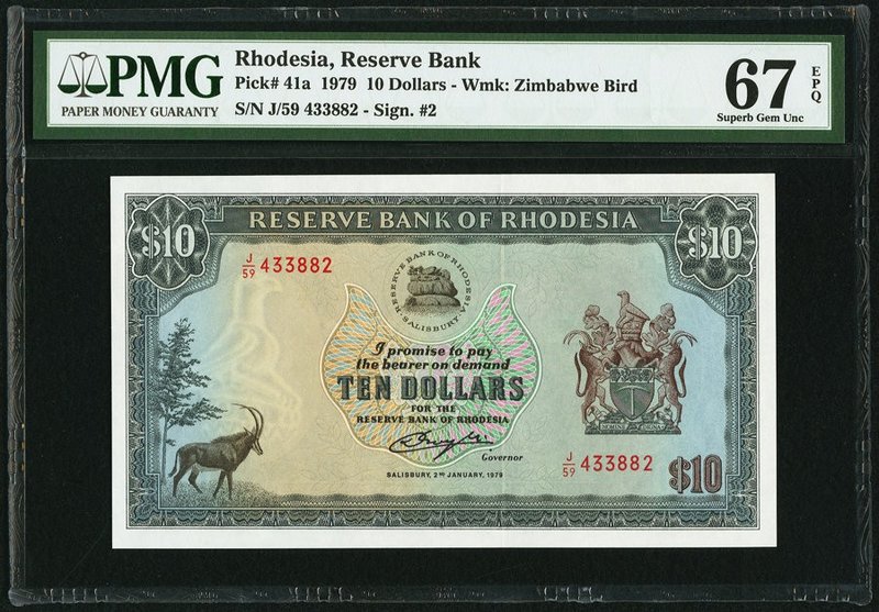Rhodesia Reserve Bank of Rhodesia 10 Dollars 2.1.1979 Pick 41a PMG Superb Gem Un...