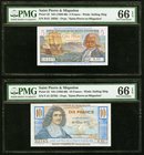 Saint Pierre and Miquelon Caisse Centrale de la France d'Outre Mer 5; 10 Francs ND (1950-60) Pick 22; 23 Two Examples PMG Gem Uncirculated 66 EPQ. 

H...