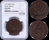 GREECE: 20 Lepta (1831) in copper with phoenix. Variety "500-P.q" (Scarce) by Peter Chase. Inside slab by NGC "AU 55 BN". (Hellas 19).