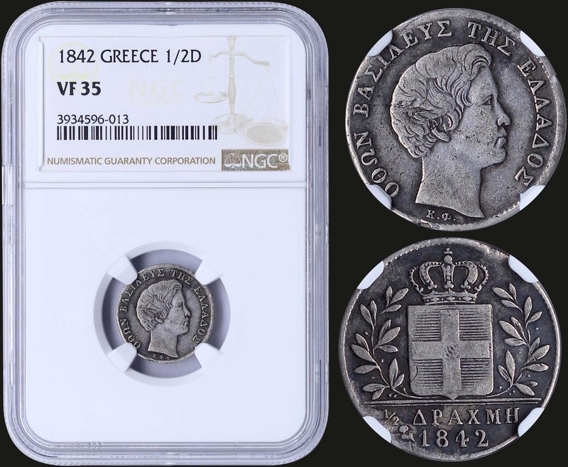 GREECE: 1/2 Drachma (1842) (type I) in silver with "ΟΘΩΝ ΒΑΣΙΛΕΥΣ ΤΗΣ ΕΛΛΑΔΟΣ". ...