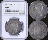 GREECE: 5 Drachmas (1851) (type II) in silver with "ΟΘΩΝ ΒΑΣΙΛΕΥΣ ΤΗΣ ΕΛΛΑΔΟΣ". Struck on mexican pesos, obvious on reverse "REPUBL(ICA MEXICANA)" and...
