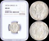GREECE: 1 Drachma (1873 A) (type I) in silver with "ΓΕΩΡΓΙΟΣ Α! ΒΑΣΙΛΕΥΣ ΤΩΝ ΕΛΛΗΝΩΝ". Inside slab by NGC "MS 64". (Hellas 150)....