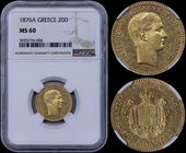 GREECE: 20 Drachmas (1876 A) (type I) in gold with "ΓΕΩΡΓΙΟΣ Α! ΒΑΣΙΛΕΥΣ ΤΩΝ ΕΛΛΗΝΩΝ". Inside slab by NGC "MS 60". (Hellas 163)....